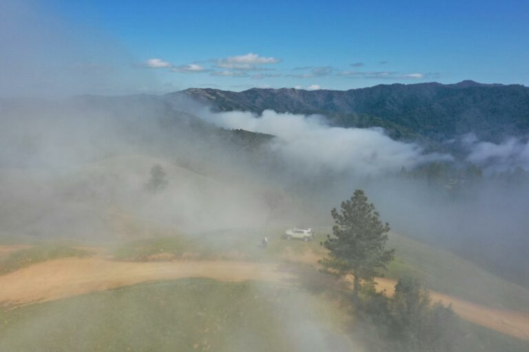 Aerial view of picturesque scenery of thick fog over green valley in summer day