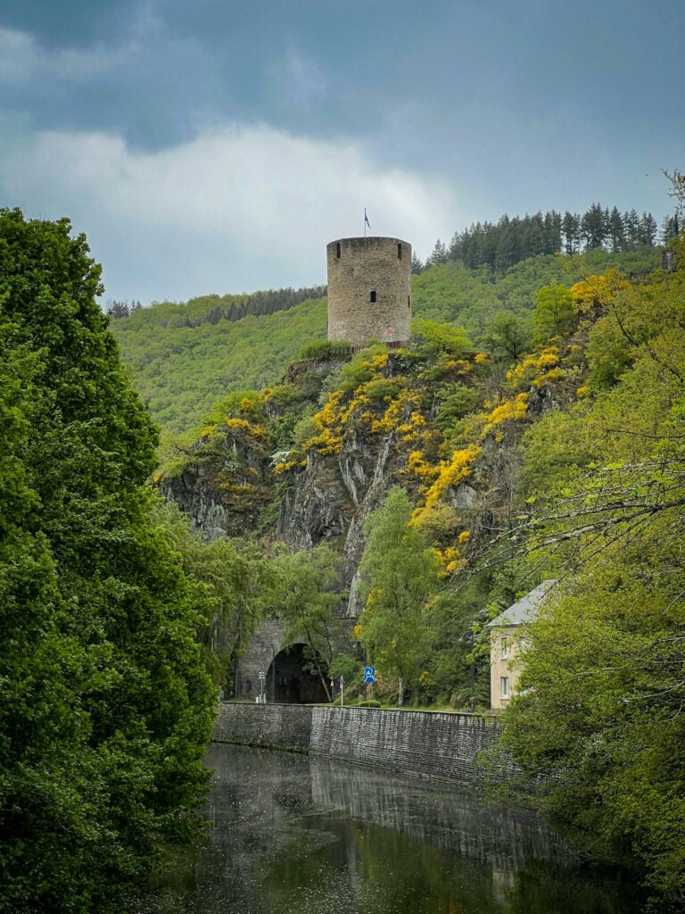 Historic Esch-sur-Sûre Castle amidst lush greenery in spring, Luxembourg.
